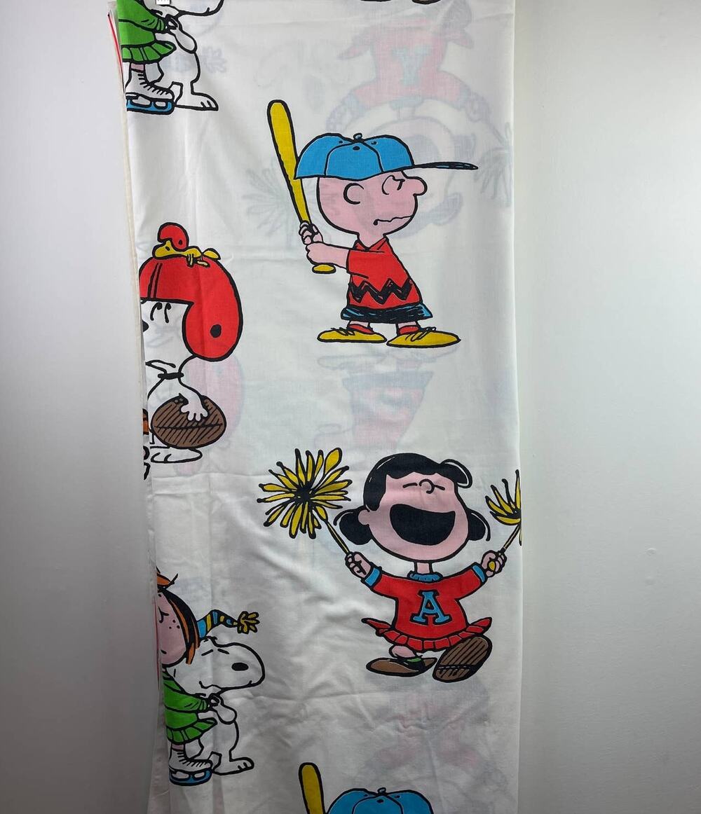 Vintage PEANUTS Charlie Sport Snoopy Flat Sheet 2 Pillow Montgomery Ward 81x104"